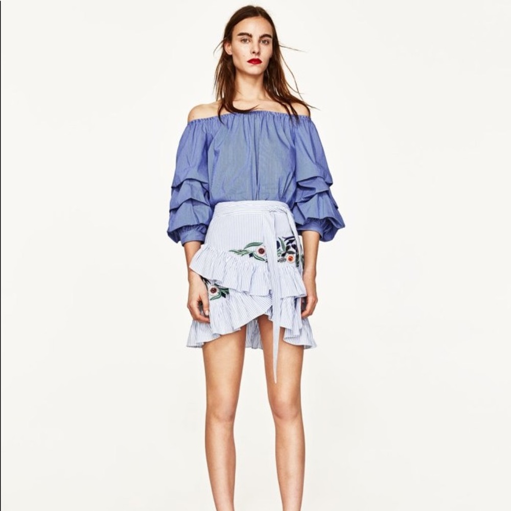 Zara Off Shoulder Ruffle Sleeved Blue Top